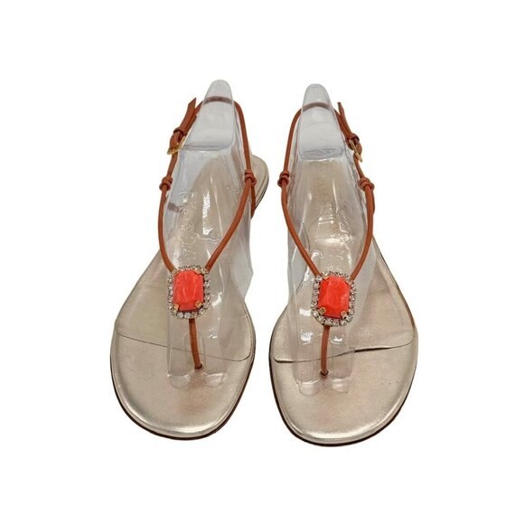 VTG Valentino Gold Thong Flat Sandals Sz.10 Coral Rhinestones Boho Designer - Picture 3 of 16